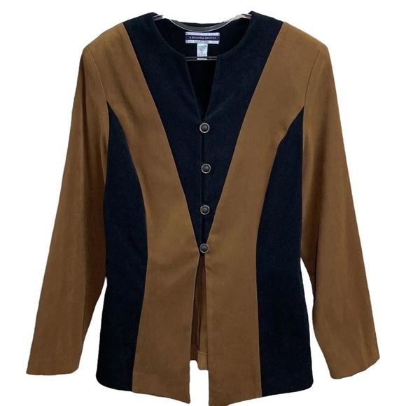 Vtg Amanda Smith Colorblock Buttoned Blazer Jacket Career Brown Black Size 8 - Picture 1 of 9